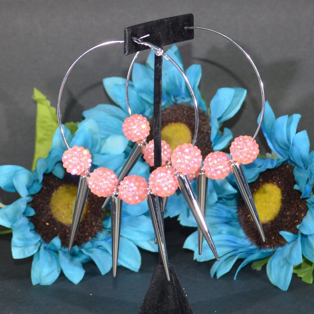 3" Pink Disco Ball & Spike Hoop Earrings